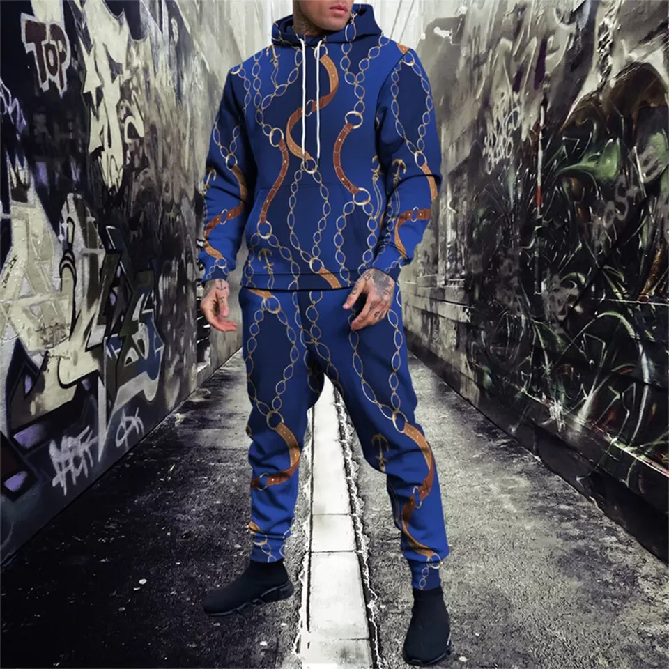 Vintage Hoodies Pants 2 Piece Sets 3D Print Leopard Gold Chain Oversize Fashion Tracksuit Streetwear Long Sleeve Suits