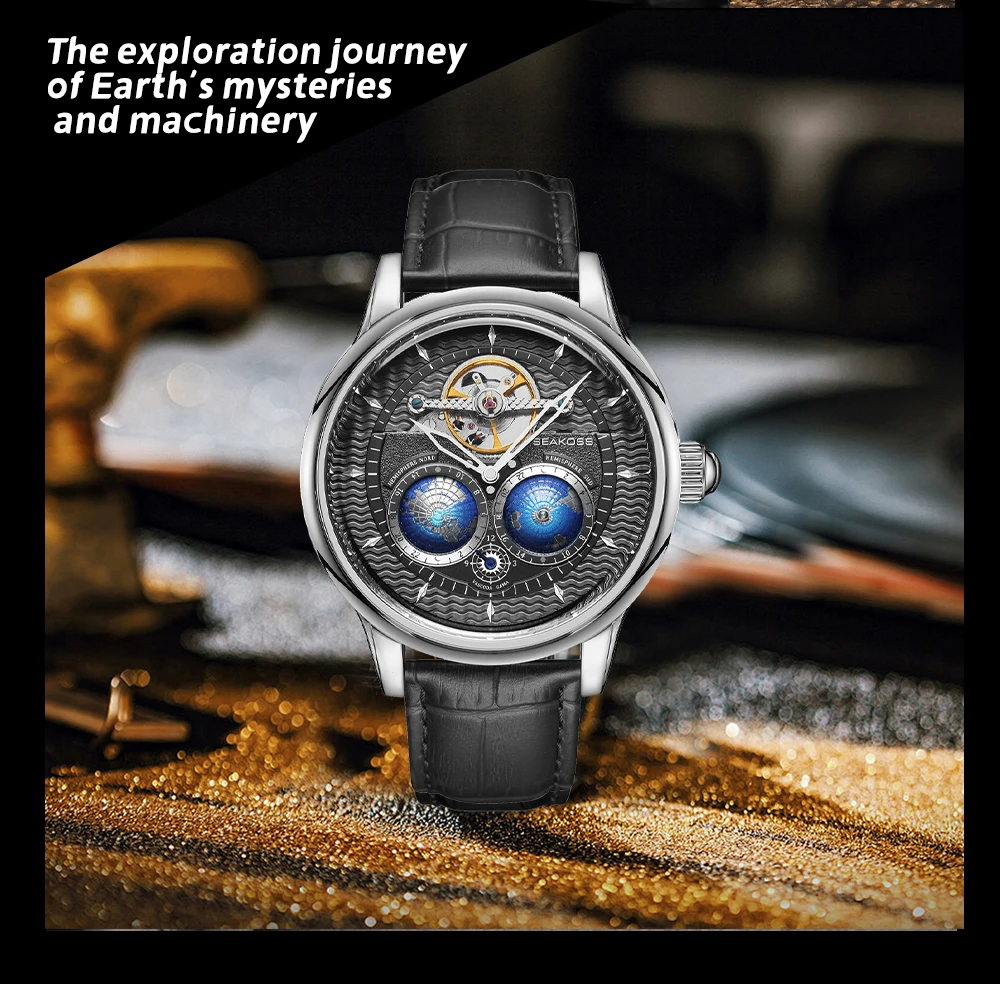 SEAKOSS Luxury Double Earth Rotating Men\'s Mechanical Watch Automatic Movement Waterproof Clock Pilots Men 1963 Flywheel Watches
