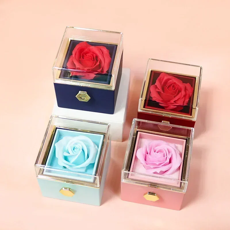 

1PC Rotating Eternal Rose Flower Jewelry Box Ring Earrings Necklace Storage Boxes Wedding Valentines Day Gift Boxes for Lovers