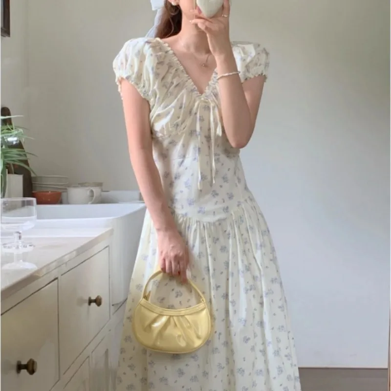 Cotton Vintage Long Floral Dress Women Summer Drawstring V Neck Slim Waist A-line Midi Sundress Female