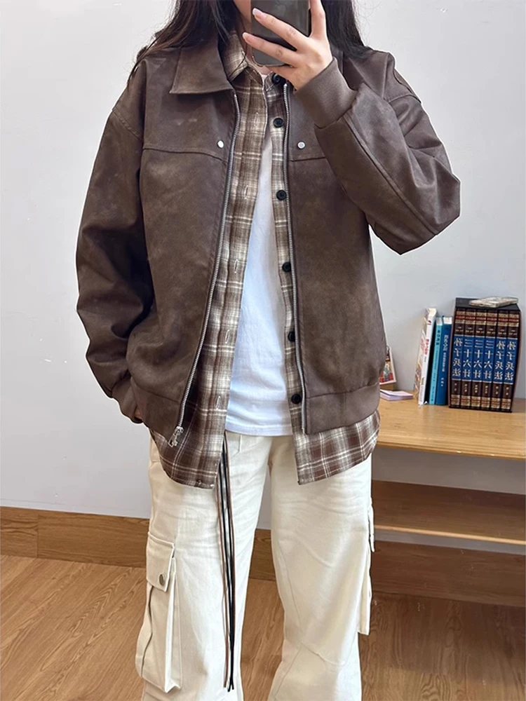 

Коричневая замшевая куртка мужская демисезонная в американском ретро-стиле, пилотская мотоциклетная куртка Cleanfit, модный бренд Haome, с декоративной молнией