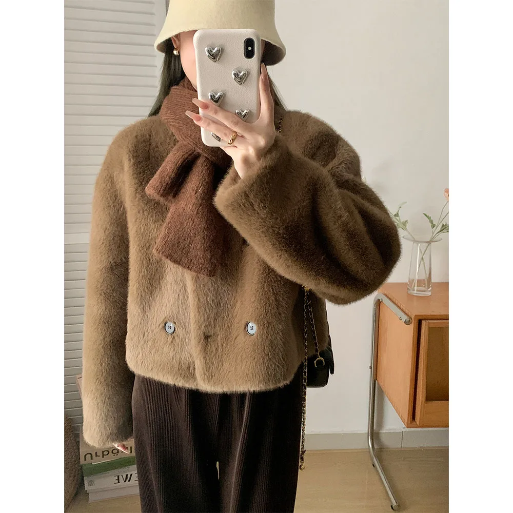 UVPU ブラウンファージャケット女性のショートスタイル 2023 冬暖かいオールマッチ怠惰なファッション小さな香りスタイル合成毛皮コート