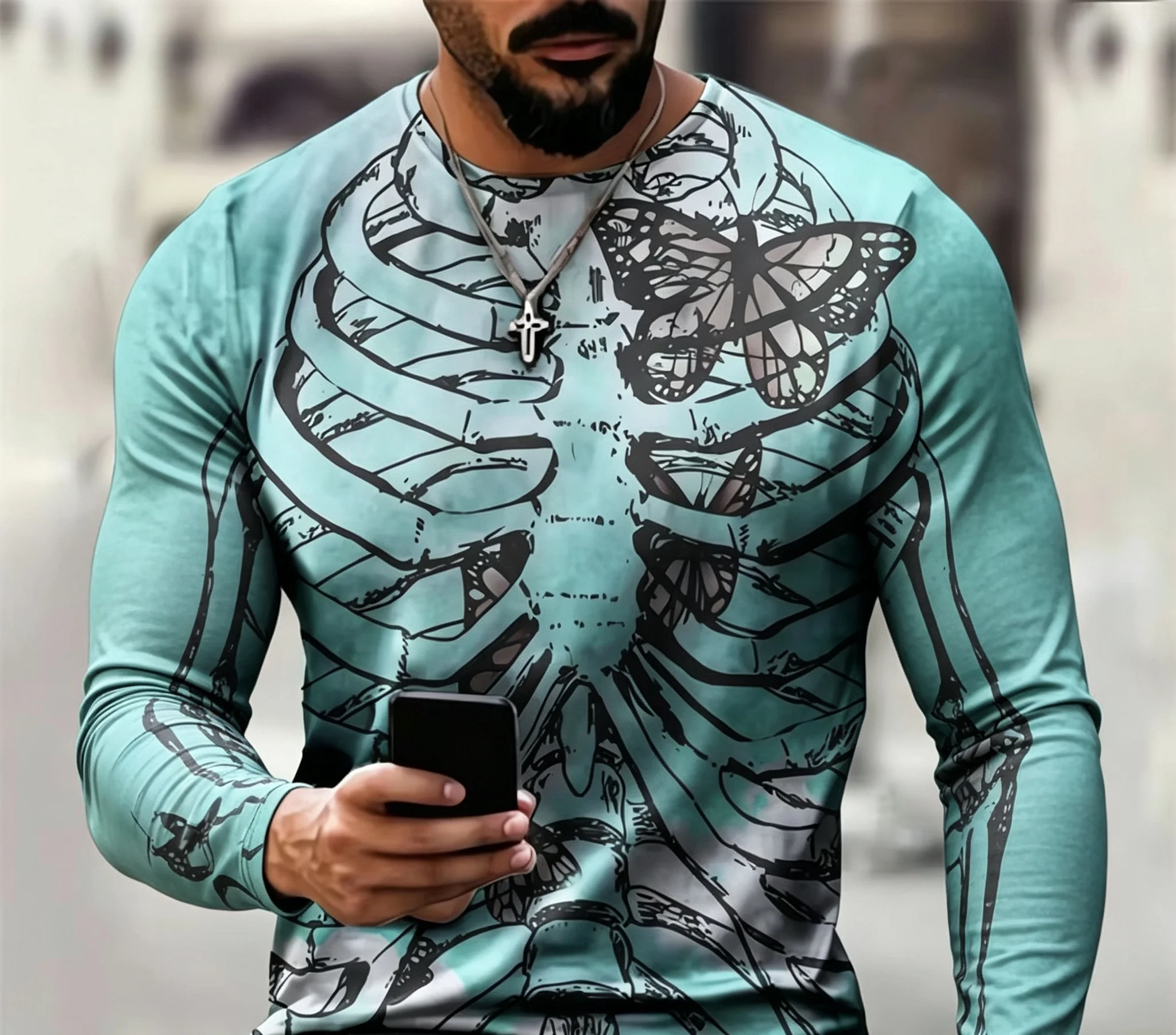 Herren Skelett-Rippenkasten 3D-Druck Rundhals Langarm-T-Shirt, Gothic Totenkopf Grafik Lässige Streetwear Langarm-Oberteile – Detail 5