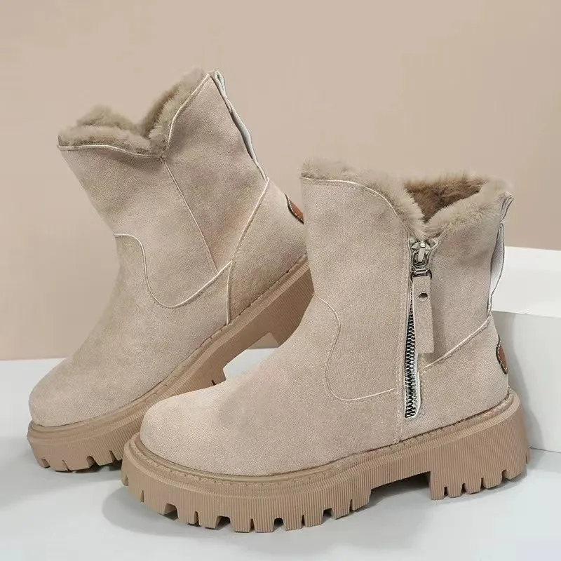 

2023 Winter New Women Warm Fashion Designer Platform Solid Boots Non-slip Short Plush Flats Suede Shoes