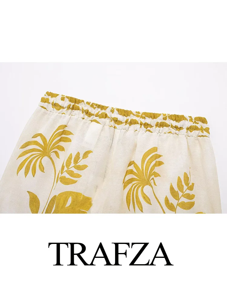 TRAFZA Women New Fashion Slim Short Pants Print Mid-Waist Elastic Waist Lace-Up Decoration Female Summer Casual Chic Shorts TRAF