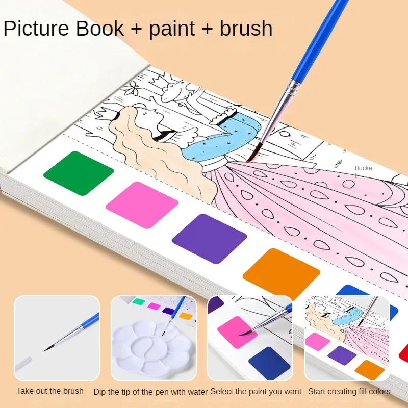 Portable Watercolor Painting Book 12 Sheets Coloring Book With Paint Brush Gouache Book Kids Graffiti Picture Drawing Stationery