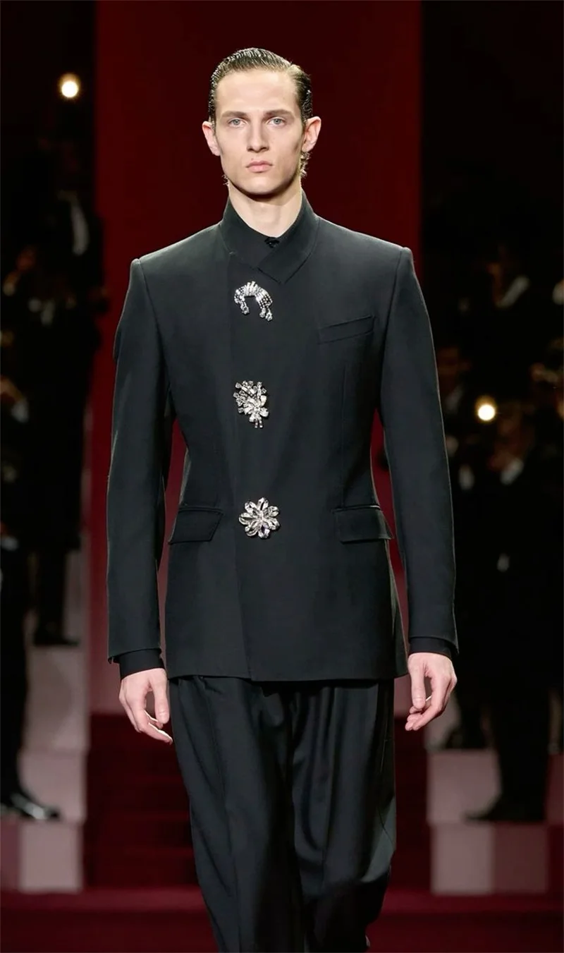 Black Crystals Men Suit Set 2 Pcs Blazer+Pant Trousers Formal Office Jacket Groom Prom Wedding Tuxedos Customized Cotton Coat