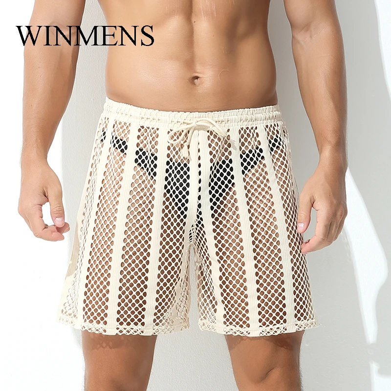 

Men's Fishnet See Inner Long Boxer Shorts Vertical Stripes Solid Youth Boxers Funny Mesh Sheer Male Lace Up Sports Trunks
