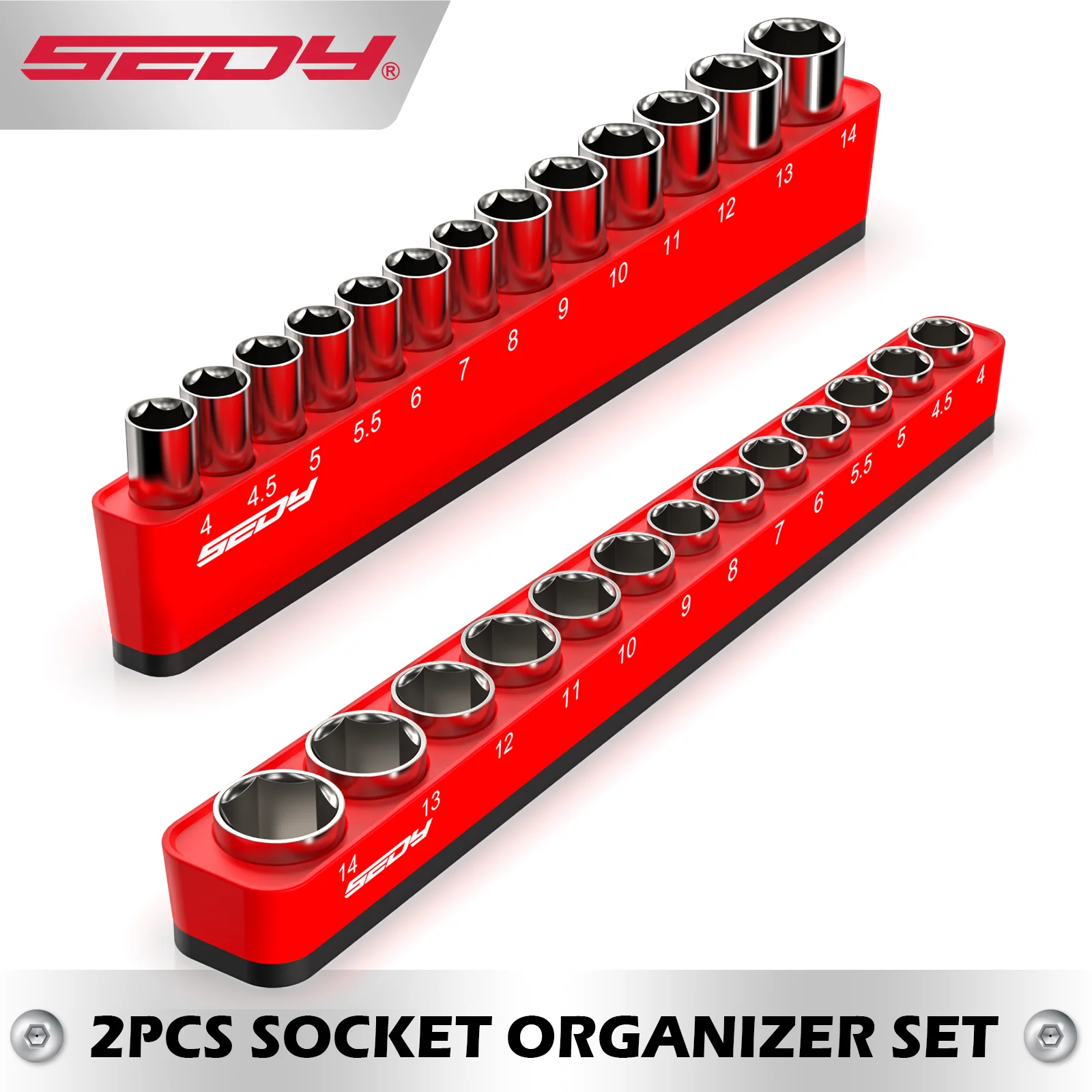 Organizador Magnético para Vasos de 1/4 de Pulgada SEDY, Capacidad para 26 Vasos Métricos Base Magnética de 5 mm, Fijación con Tornillos y Herramienta Modular de Alta Resistencia