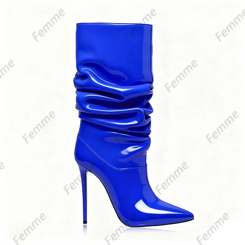 أحذية مترهلة مصنوعة يدويًا من الجلد اللامع باللون الوردي الساخن - أحذية كاحل مكشكشة بكعب ستيليتو للنساء، مقاس حفلة Y2K 35-47 #5