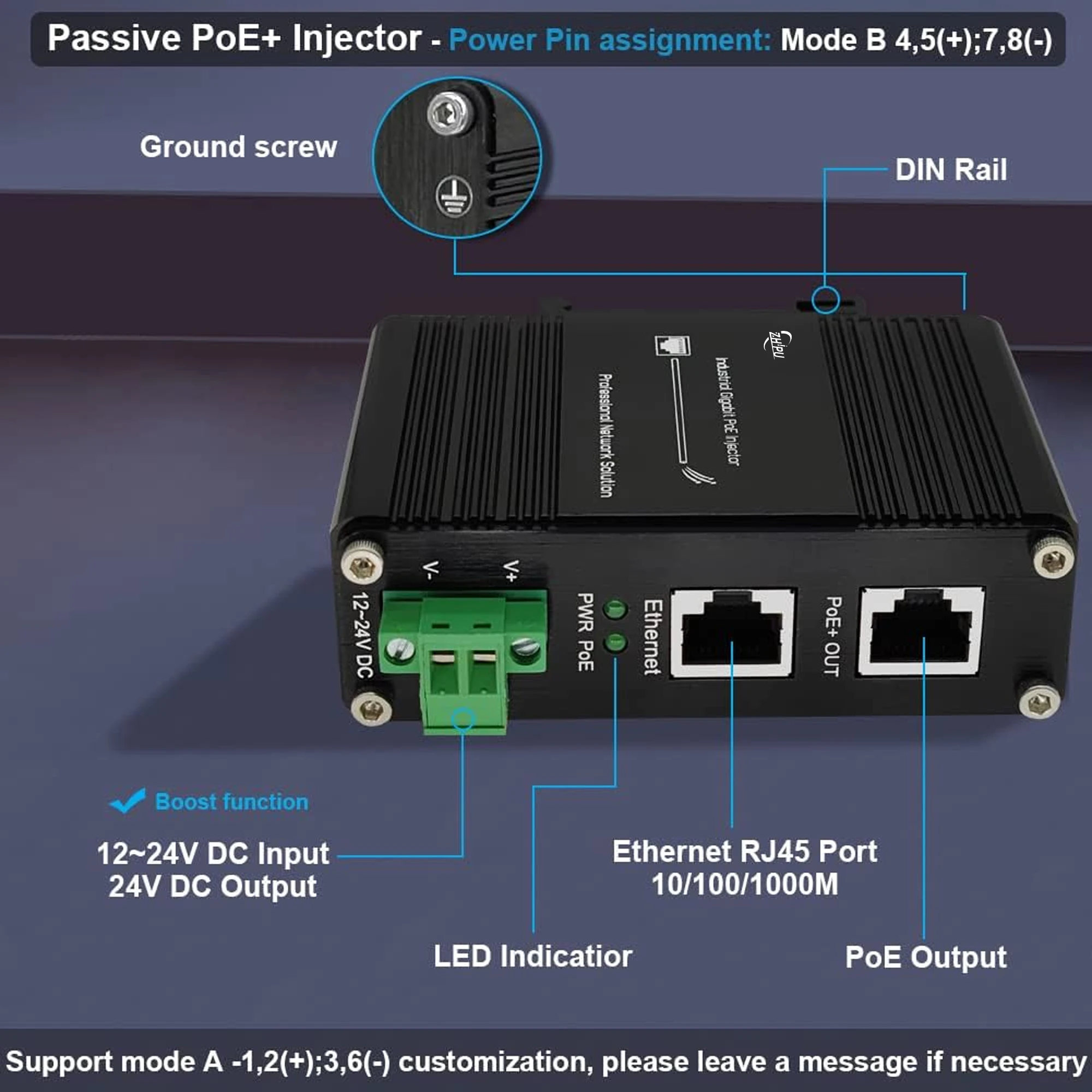 Industrial Gigabit Passive PoE Injector Hardened POE Adapter with 12-24V DC Input 24V PoE Output DIN- Rail /Wall Mount