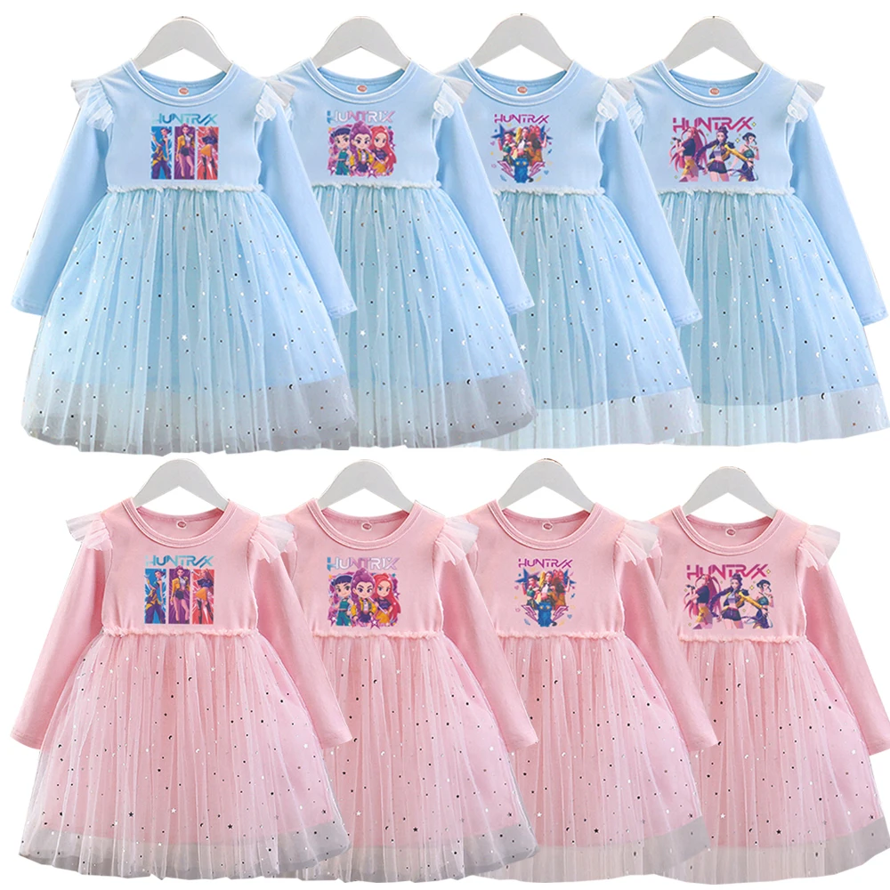 

Платье с принтом Kpop Magic Hunting Girl Group, с длинным рукавом, повседневное, для девочек, с мультяшным рисунком, цельное, в стиле пэчворк, платье принцессы