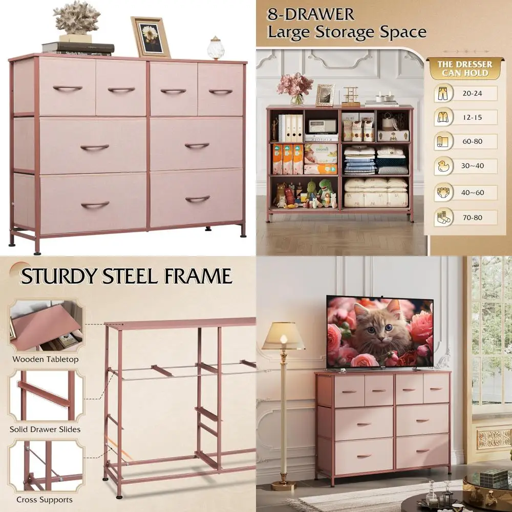 

Pink Bedroom Storage Chest with 8 Drawers, Fabric Organizer, Wooden Top, Steel Frame, Suitable for Living Spaces