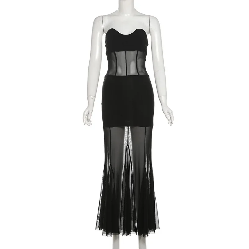 2025 ใหม่VINTAGEชุดราตรียาวY2K Retroตาข่ายPatchworkแขนกุดBodycobชุดปาร์ตี้ผู้หญิงSHEER Clubwear Slim Dresses