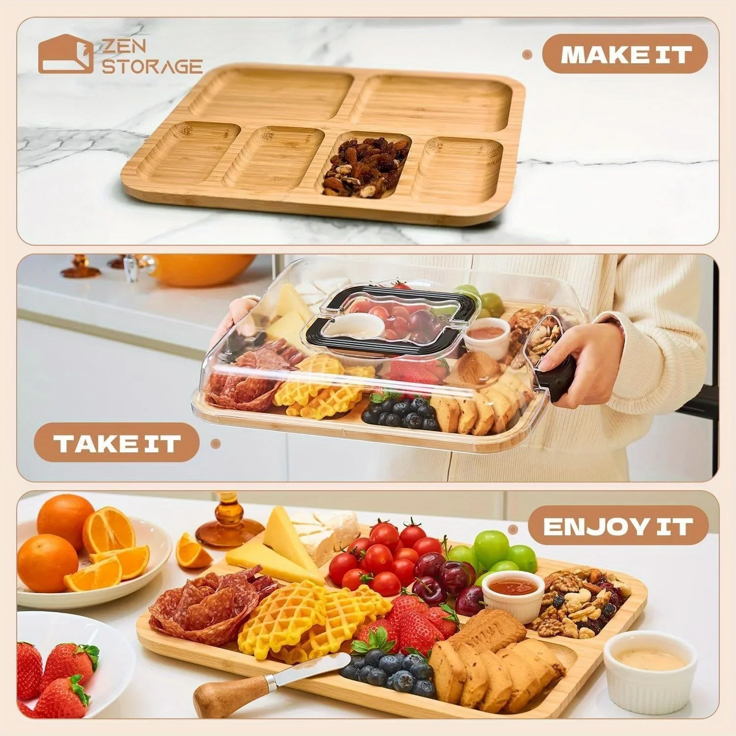 لوح جبن من الخيزران مع غطاء ومقبض شفاف، طبق فحم محمول للجبن واللحوم والفواكه، صينية تقديم للحفلات #5