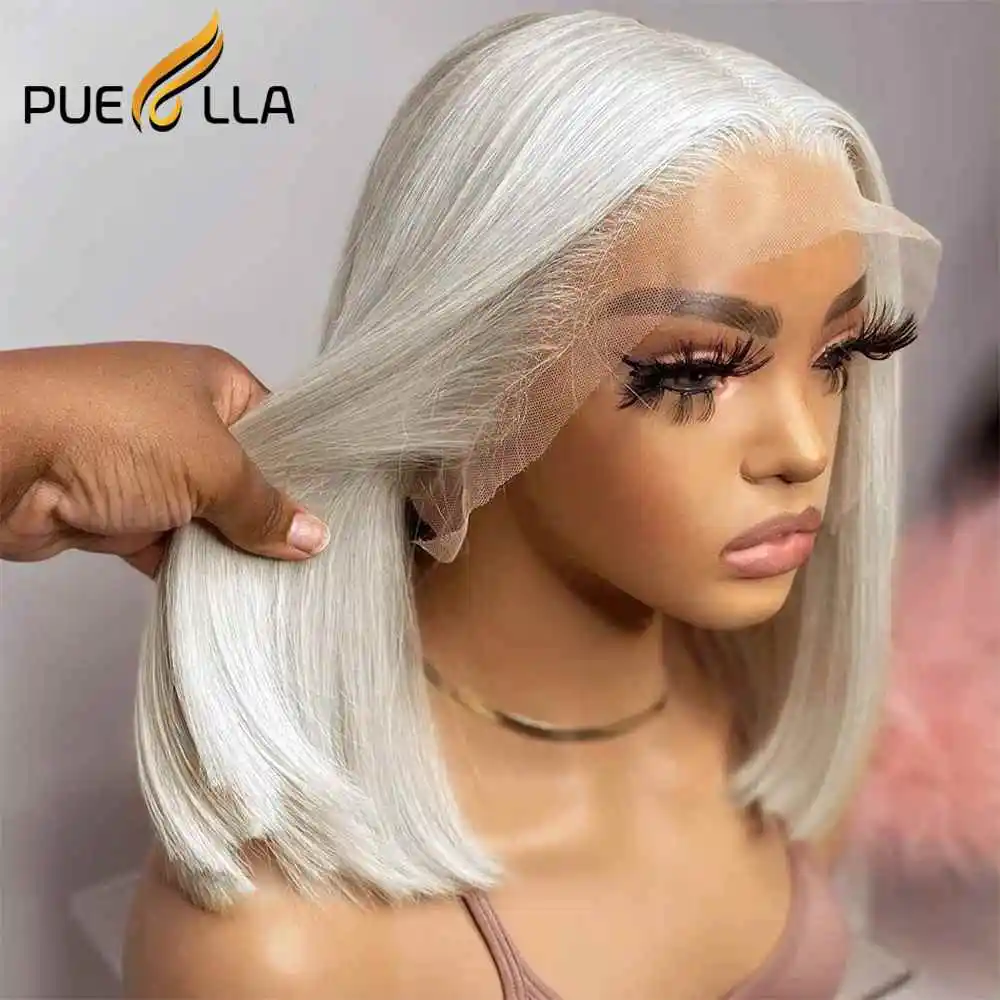 Peluca con malla Frontal de color rubio hielo Bob corto 13x4 cabello humano brasileño prearrancado corte Pixie pelucas frontales de encaje transparente