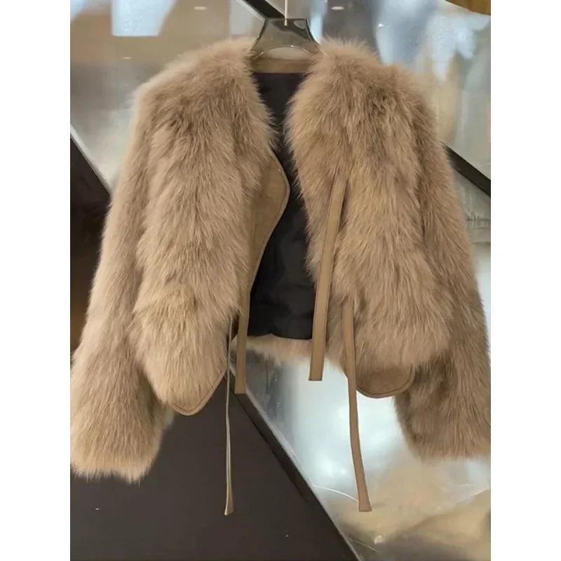 Winter Short Faux Fur Coats Warm Lace-up Imitate Fox Furs Jackets Korean Fashion Loose Plush Outerwear Women Luxury Furry