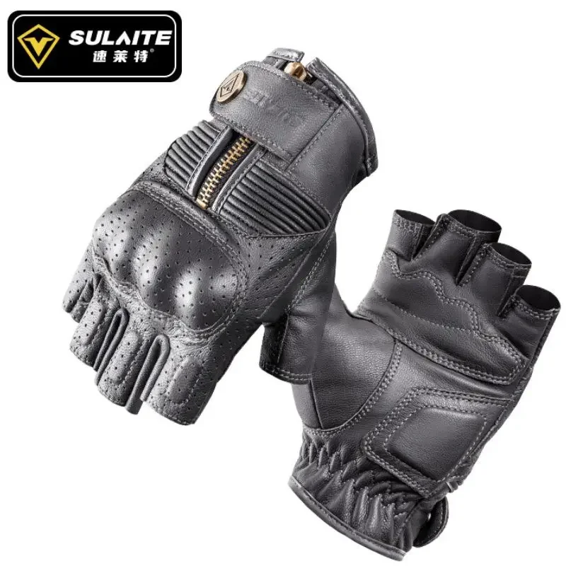 Sulett Motorcycle Gloves Retro Leather Fingerless Gloves Black Men's and Women's Mountain Bike Riding Gloves Motowolf