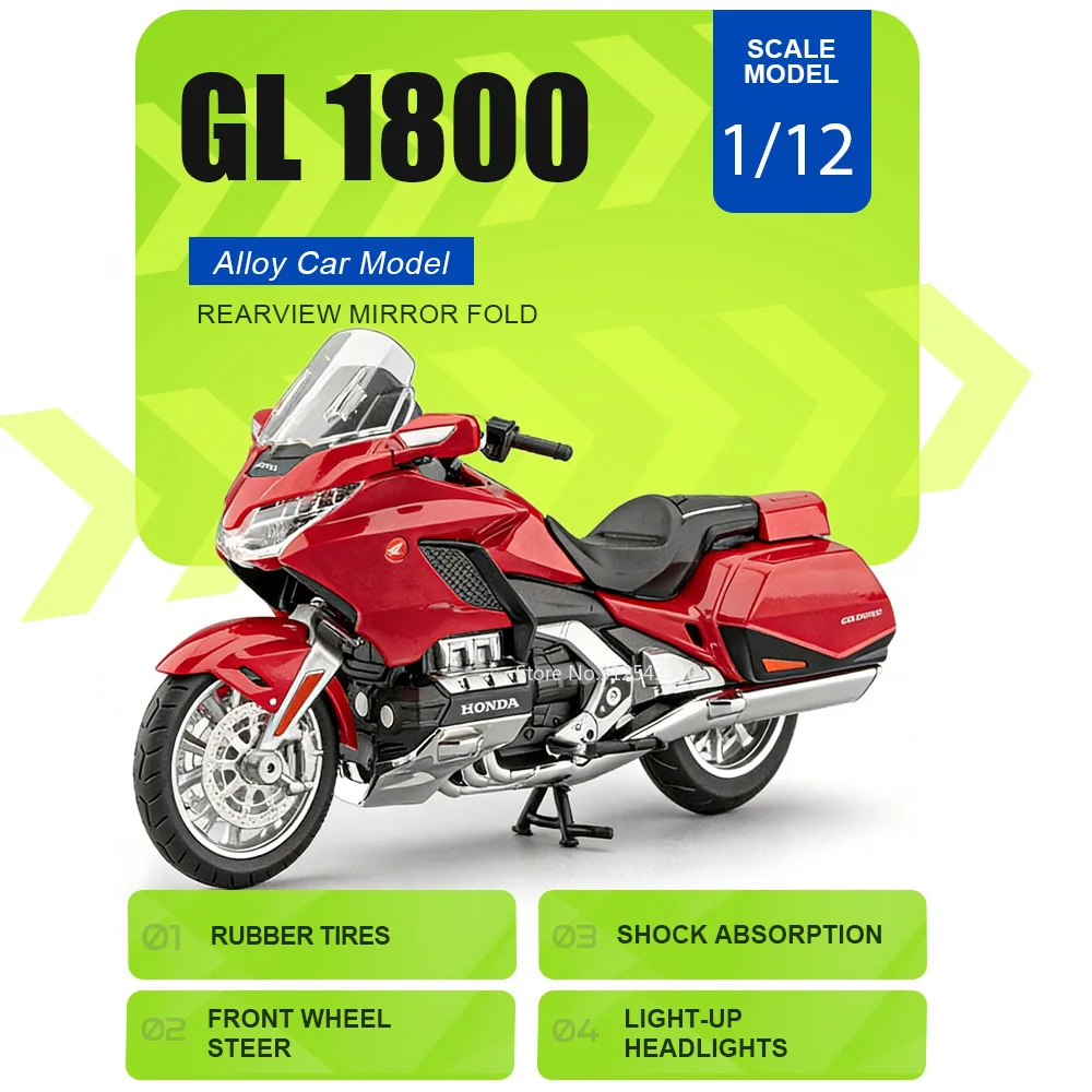 

Scale 1:12 Honda Gold Wing GL1800 Car Model Toys Shock Absorption Front Wheel Steer Models Rearview Mirror Fold for Boys Gifts