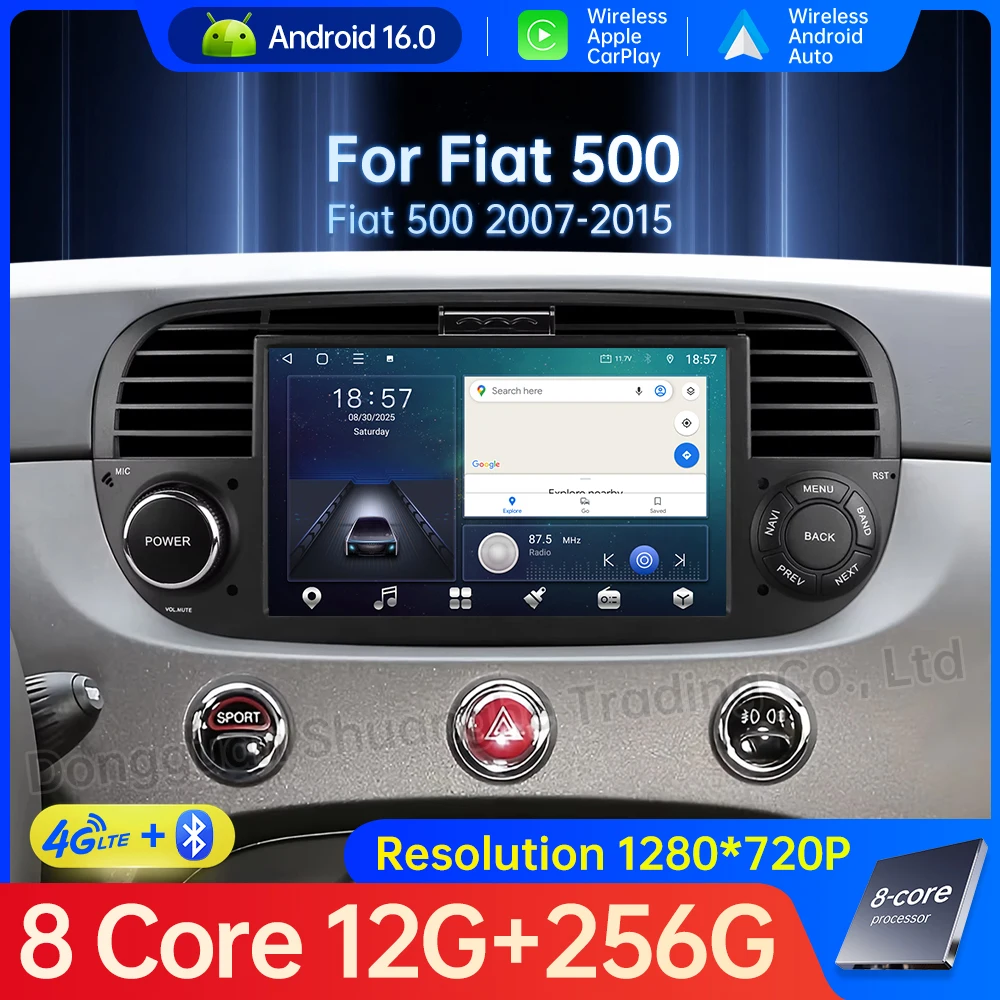 Android 16 For Fiat 500 2007 - 2015 BT Wireless Auto Carplay Video Radio GPS Navigation BT QLED Touch Screen 4G Wifi