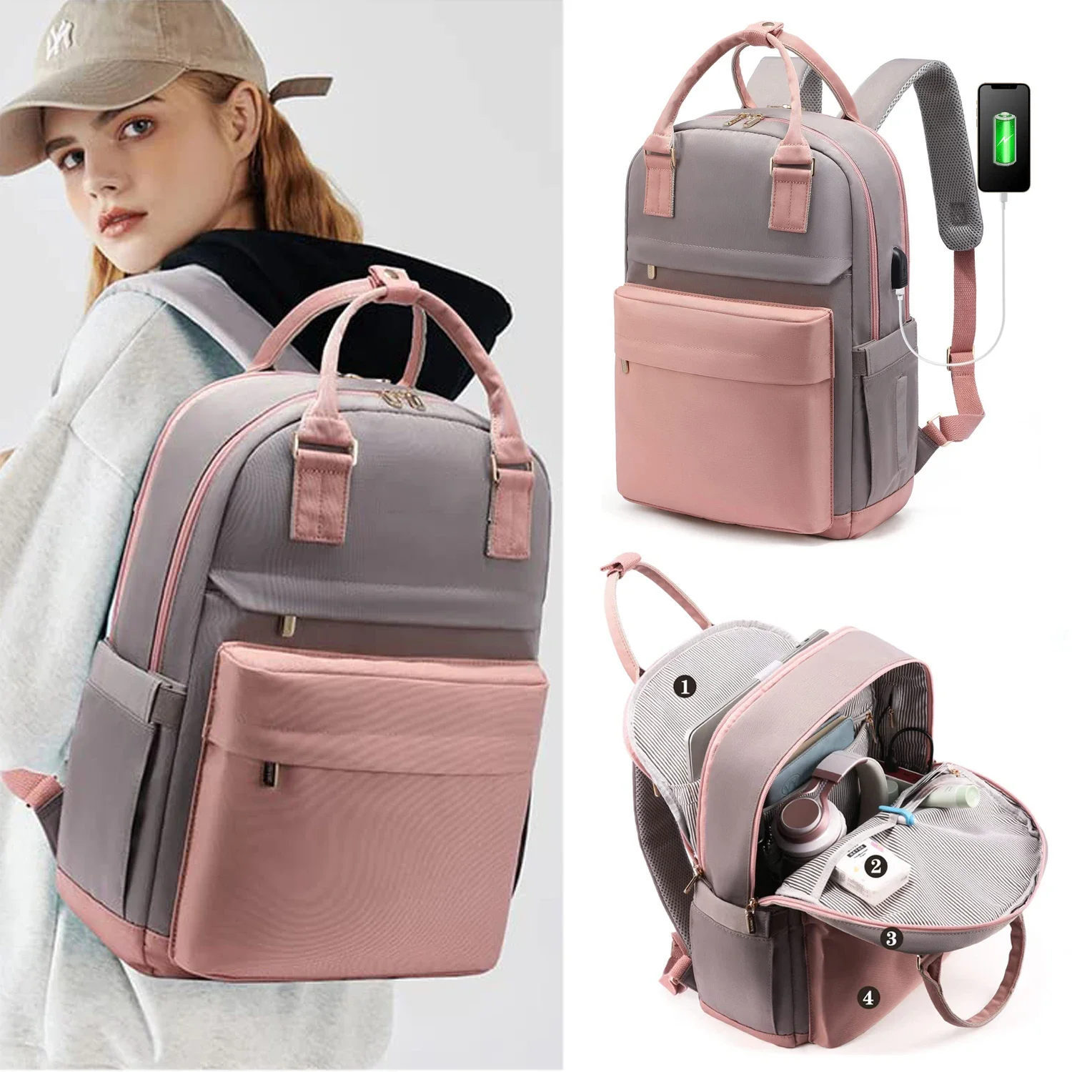 Women's Travel Backpack Fashion USB Charging Laptop Lightweight Handbag School Bags For Girls Multifunctional Suitcase Backpacks