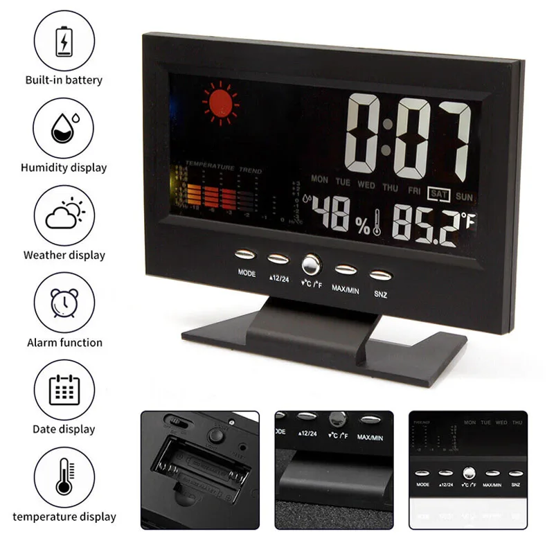 LED Digital Alarm Clock Snooze Calendar Thermometer Hygrometer Weather Display Weather Electronic Alarm Clock Room Table Decor