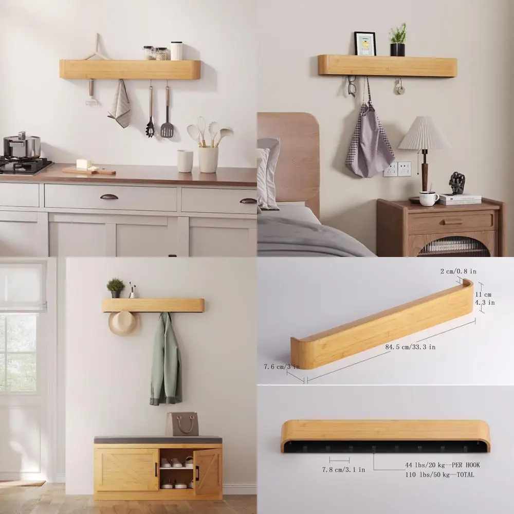 

Modern Bamboo Wall-Mounted Coat Rack with Storage and Hidden Hooks for Entryway, Perfect for Hanging Clothes, Keys, Bags, and Ha