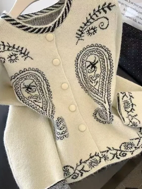 Maglione lavorato a maglia lungo Sve ricamato retrò Camere Jaet da donna con bottone singolo Taglio dritto Autunno Inverno Faion Ladies'...