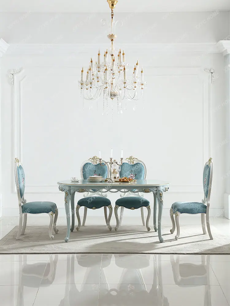 

French Pastoral Style Dining Table Blue European Oval 1.6M Dining Tables and Chairs Set Furniture Living Alone Crafted