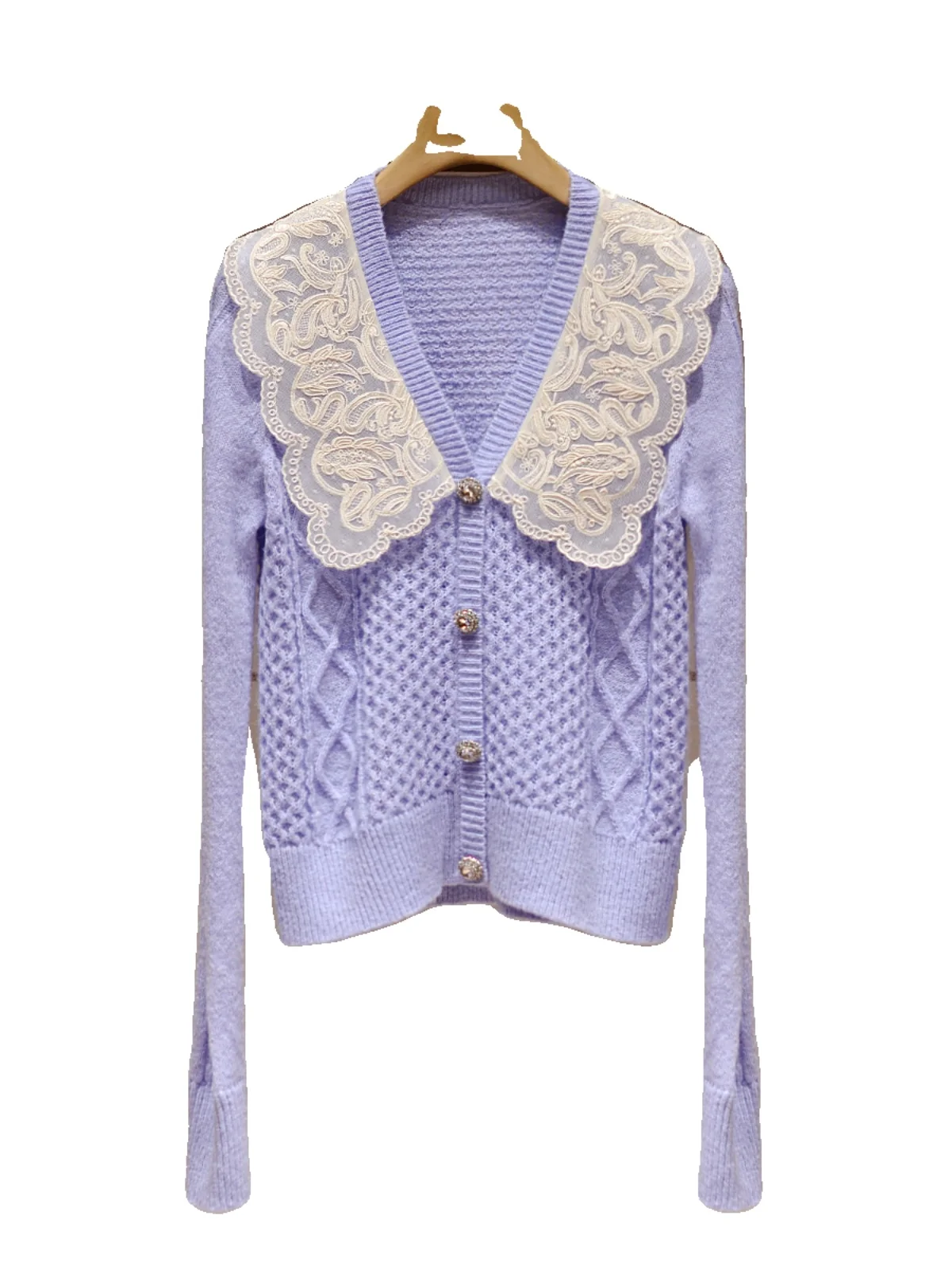 Small Fraance Sle Damen-Strickpullover, bestickt, lang, Sve-Puppenkragen, lila Twist-Strickwaren, damenhafter Pendler