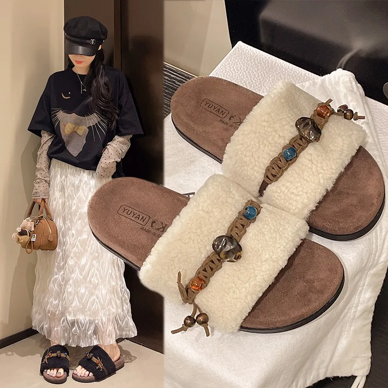 

Новинка 2023 года, женские осенние замшевые тапочки для дома и улицы, универсальные короткие плюшевые шлепанцы, модная женская обувь на толстой подошве