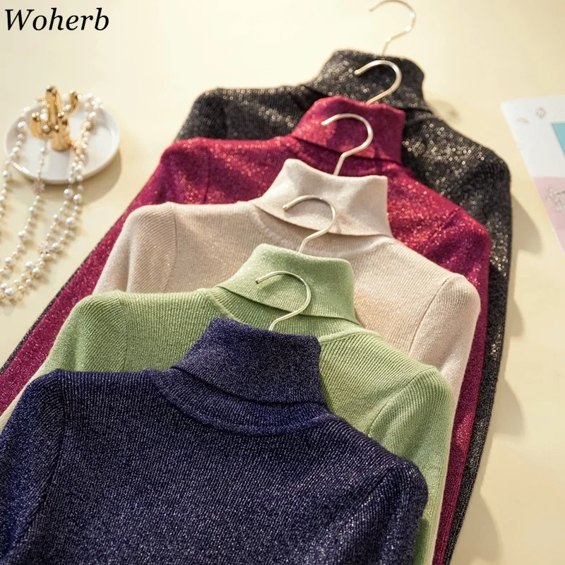 Woherb Turtleneck Women Pullover Glitter Sweater Spring Jumper Knitted Basic Top Fashion Autumn Korean Ladies Clothes 2024