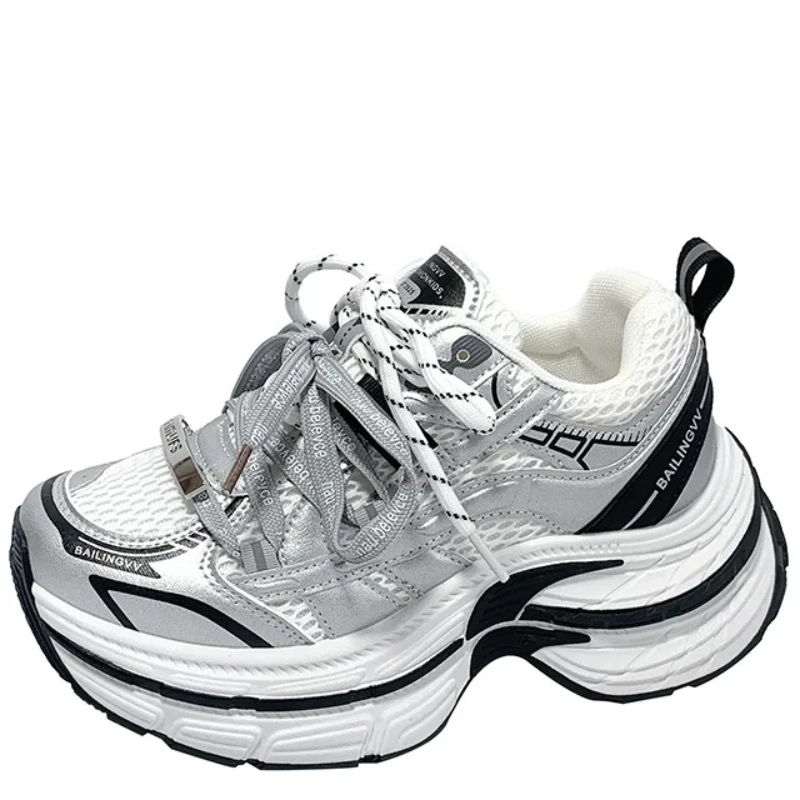 

Women's Sport Shoes Breathable Mesh Thick Bottom Silver Dad Sneakers Spring 2026 New Style Casual Low Top Rubber Outsole