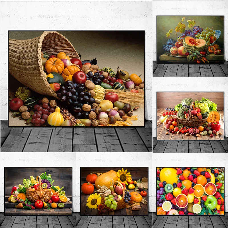 Nordic Vegetables and Fruits in Basket Poster Colorful Food Wall Art Canvas Painting For Dining Room Kitchen Decoration Cuadr
