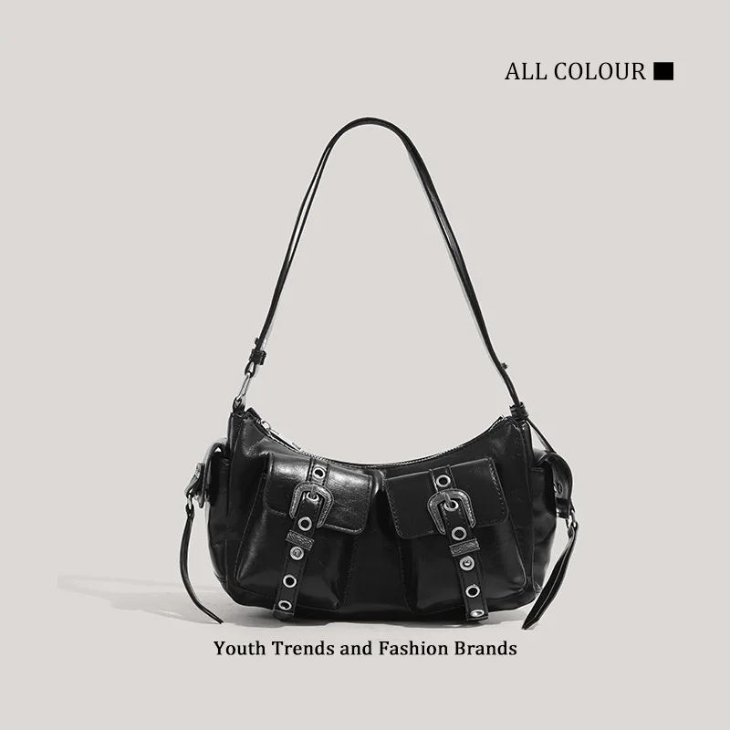 

Black Y2K Punk Hot Girl Style Single Shoulder Underarm Bag with Multiple Pockets And Metal Buckle Crescent Bag for Trendy Street