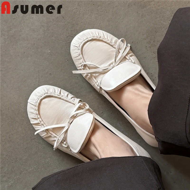 

ASUMER Plus Size 34-41 New Genuine Leather Shoes Women Loafers Round Toe Flat Shoes Bowtie Black Beige Spring Summer Lady Flats