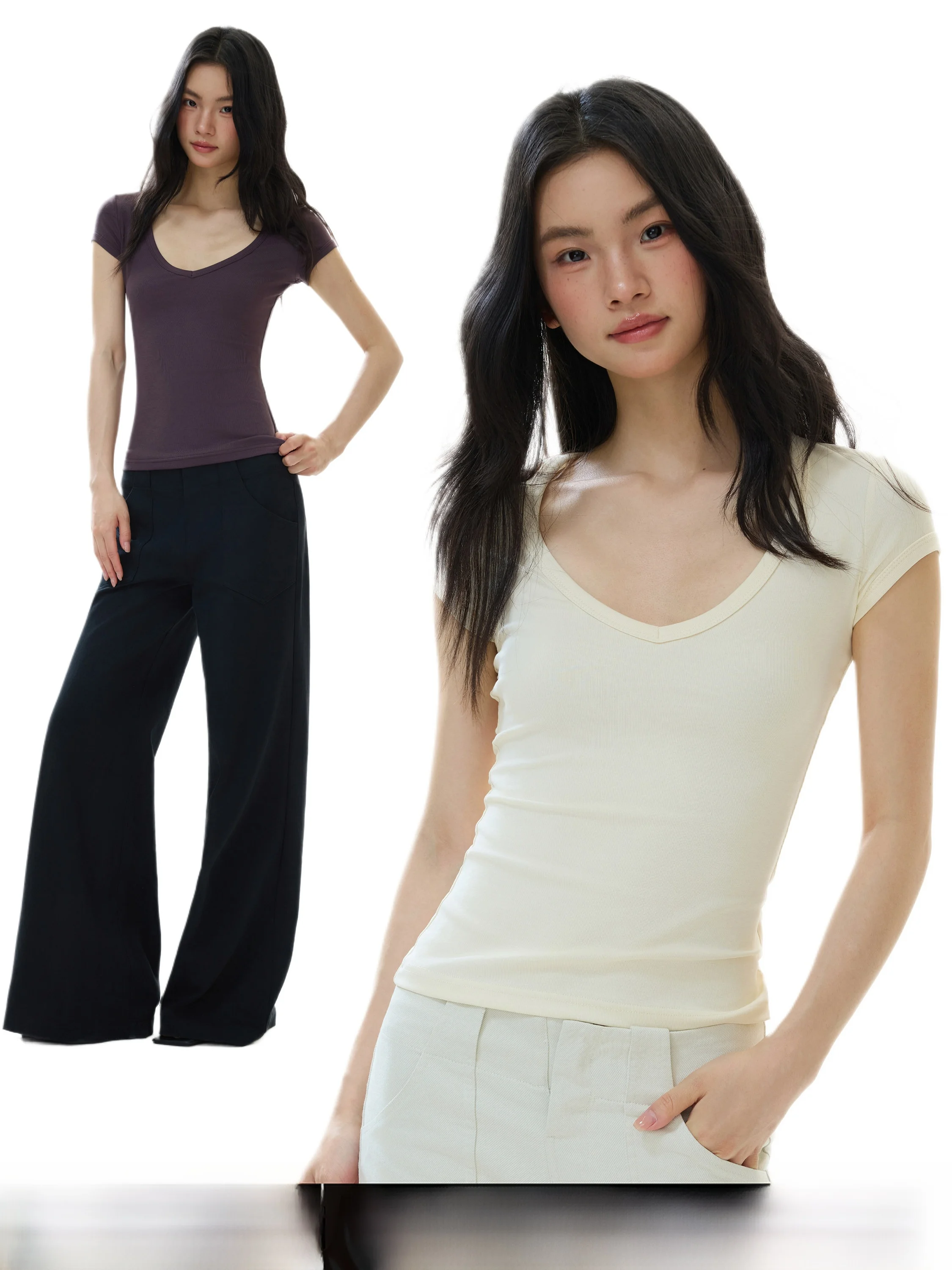 GoGo Burn Summer New Style Slim Fit Short Sleeve V-Neck T-Shirt Women's Casual Fashion Shoulder Length Top in Apricot Color