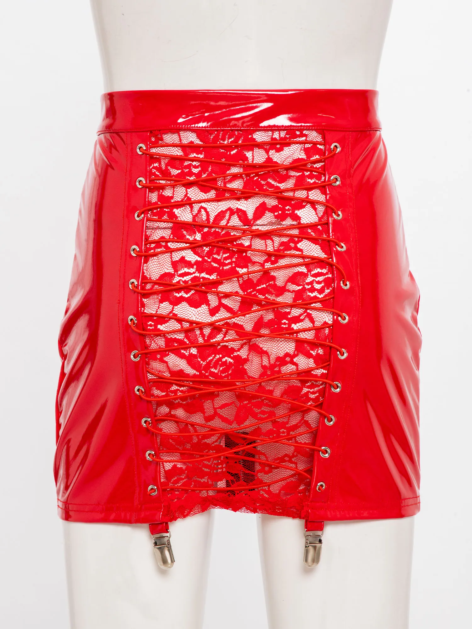 

Womens Sexy Lingerie Leather Mini Skirts Front Zipper See Through Back Sheer Floral Lace with Lace-up Bodycon Skirt Clubwear