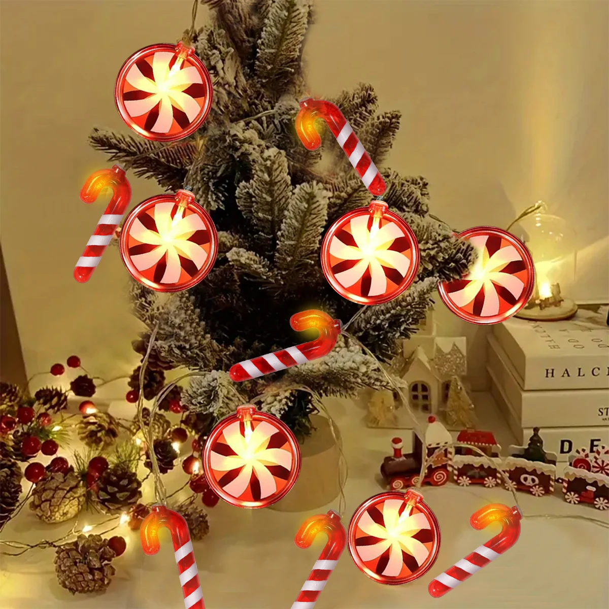 1pc 10/20/30 LED Red Walking Stick And Candy String Lights Fairy Atmosphere Hanging Lamp Battery Powered Suitable For Home Decor