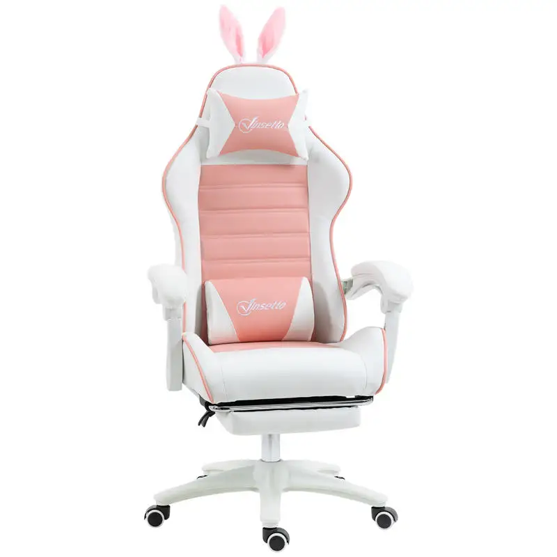 Chaise de gaming avec support lombaire, hauteur réglable, dossier inclinable, oreilles de lapin et appui-tête, rose
