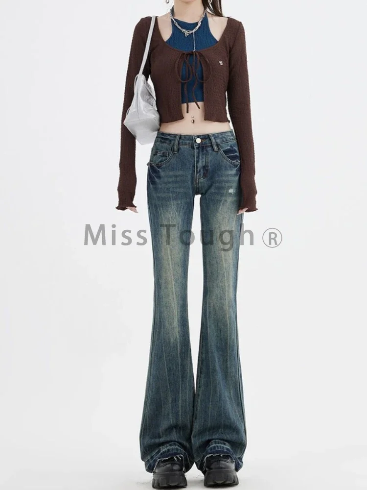 American Retro Low Rise Cowboy Jeans Women 90s Harajuku Y2k Embroidered Mopping Flared Pants High Street Babes Slim Trousers New