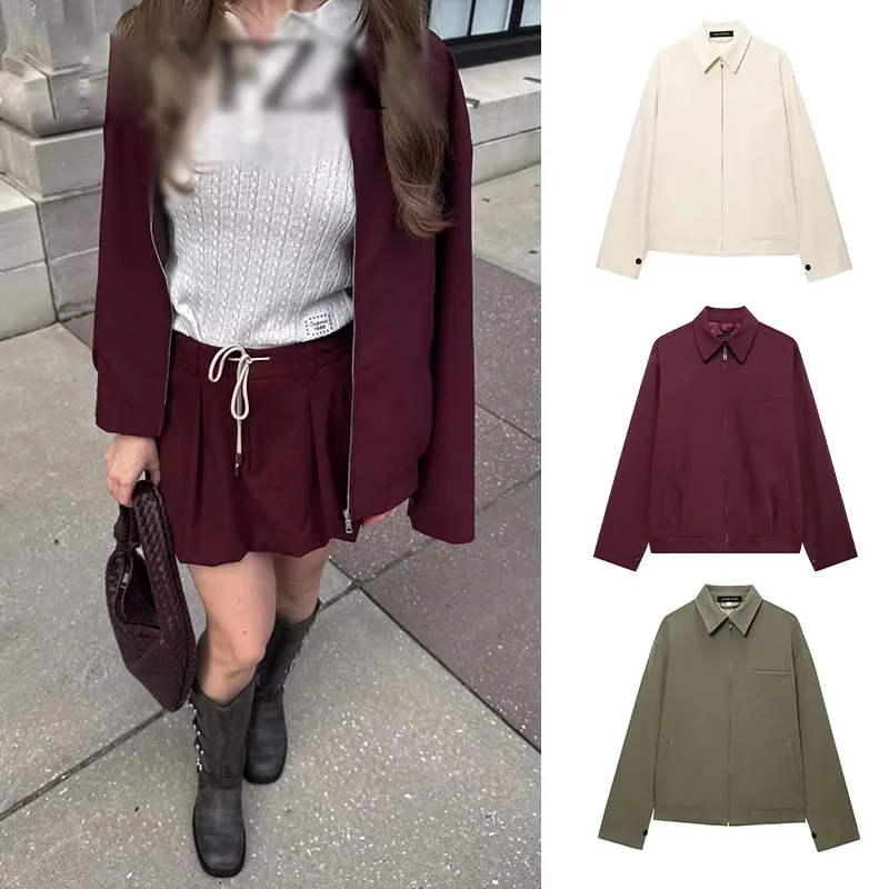 2025 여성용 솔리드 와인 레드 재킷 코트 긴 소매 지퍼 크롭 탑 여성 캐주얼 시크 탑 여성 패션 하이 스트리트