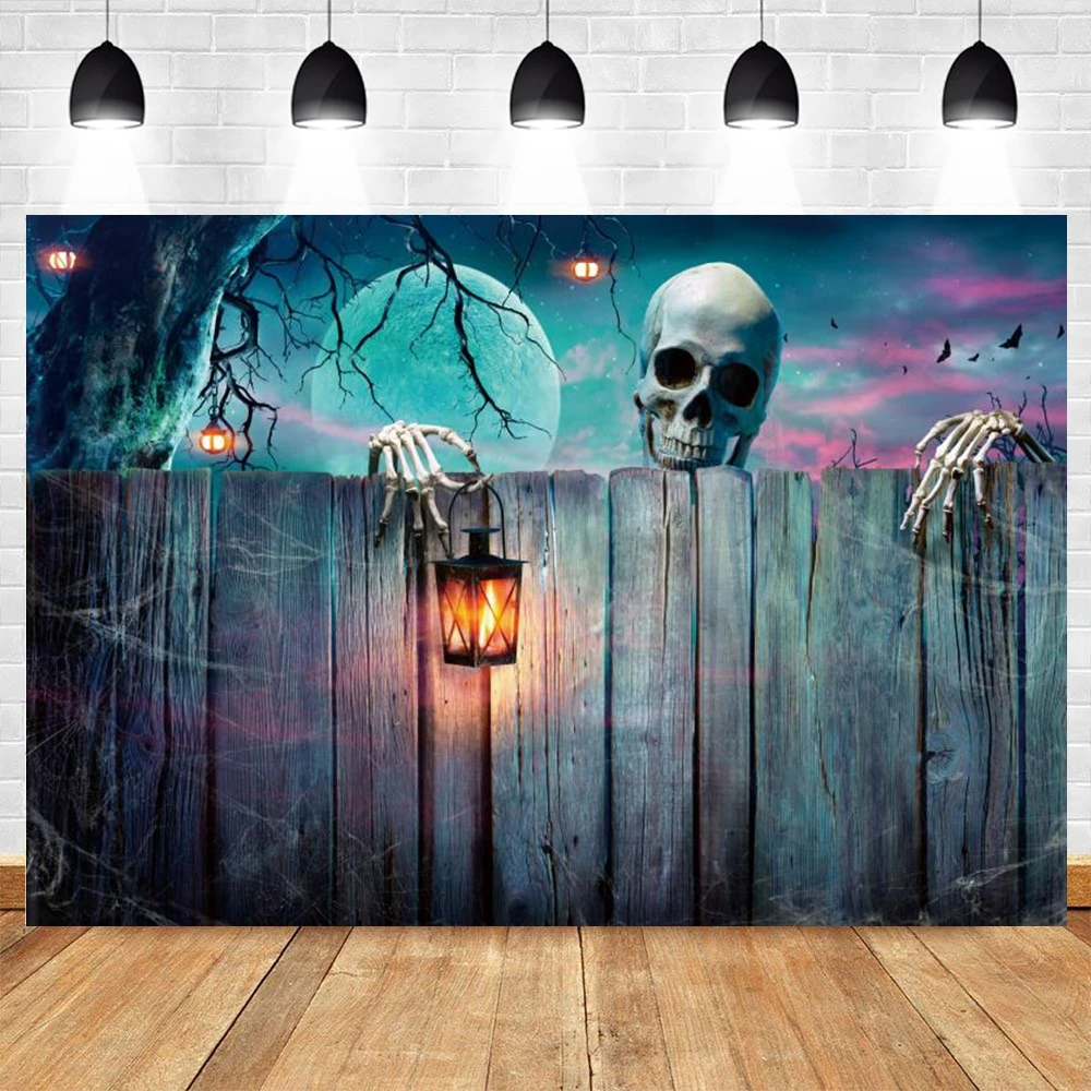 Halloween Photography Backdrop Skull Tombstone Cemetery Pumpkin Lantern Moon Night Photography Background Decor Photostudio Prop