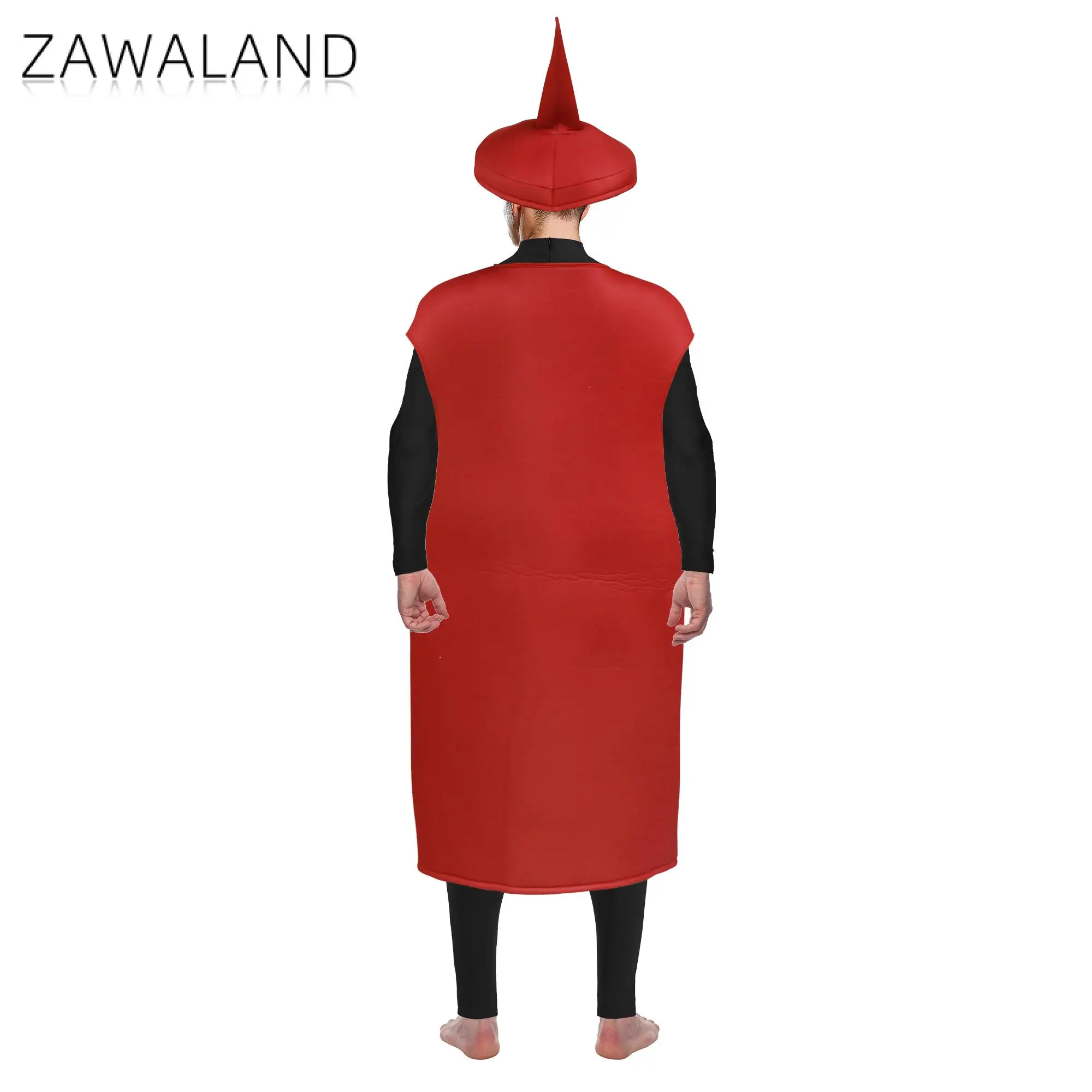 Zawaland-Costume de ketchup délicieux à la tomate rouge pour adulte, déguisement drôle pour garçon et fille, moustache jaune imbibée, vêtements de fête cosplay d'Halloween