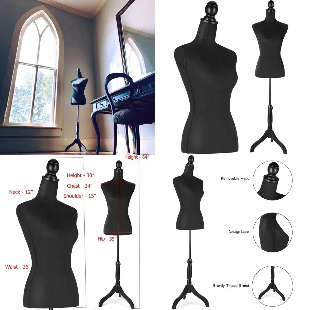 

Adjustable Height Female Mannequin with Tripod Stand for Clothing Display, Black