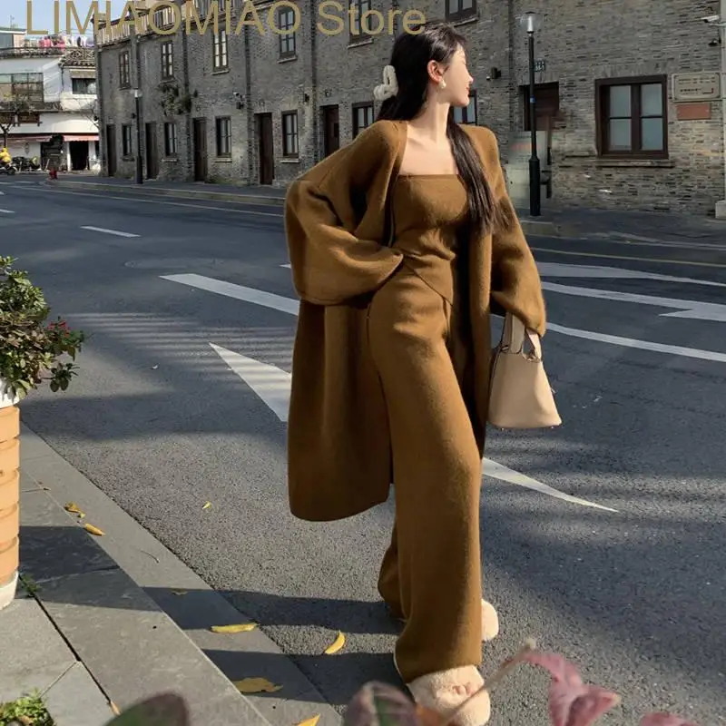 New European designer coffee  Fluffy Three Piece Sets Women Off Shoulder cape outerwear And Long Pants Ladies 3 Piece Suit