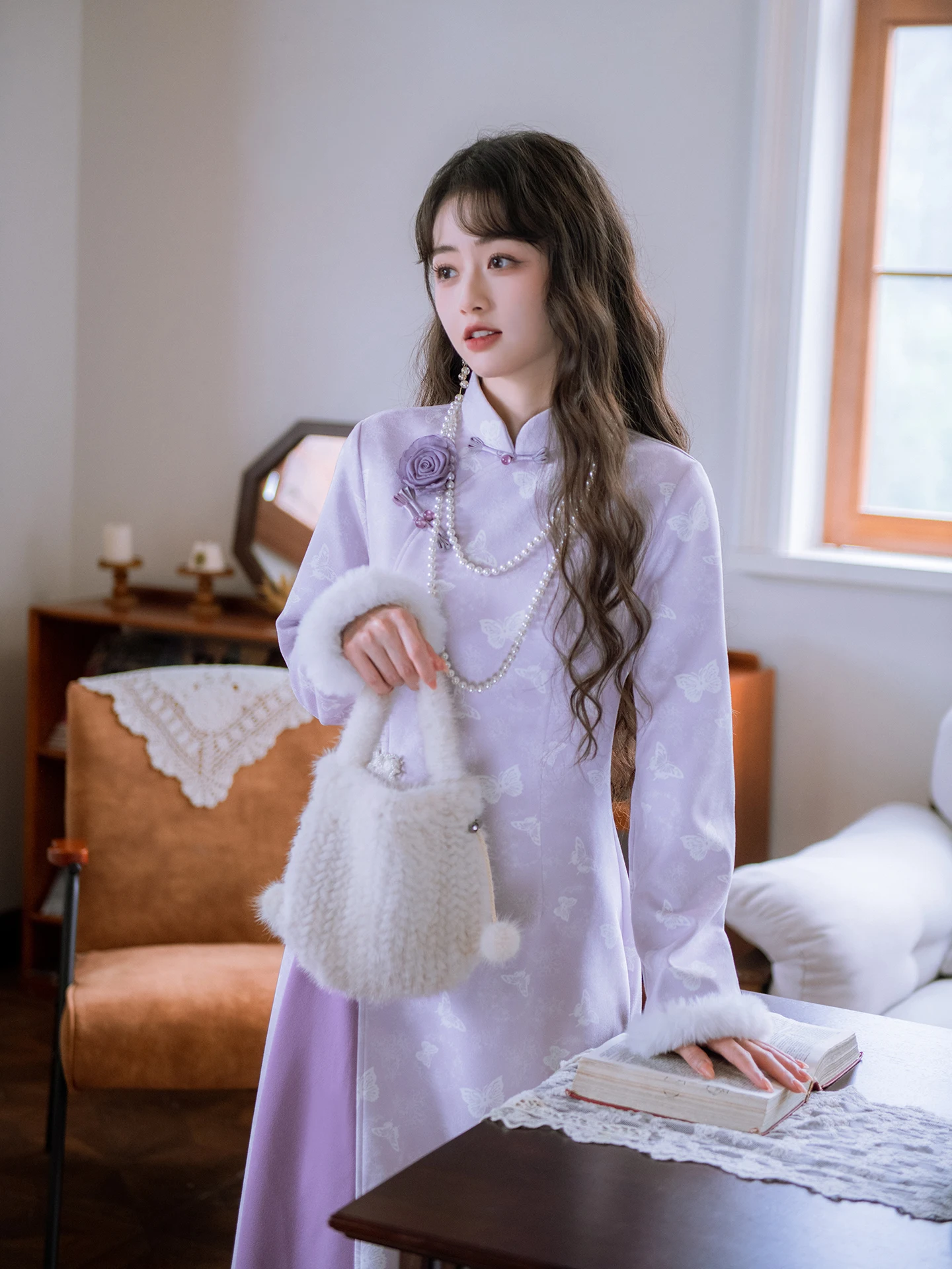 

Nanfeng Valley Print Suede Long Qipao Dr Women's Gentle Spring Vintage Sle Traditional Chinese Faion Dr