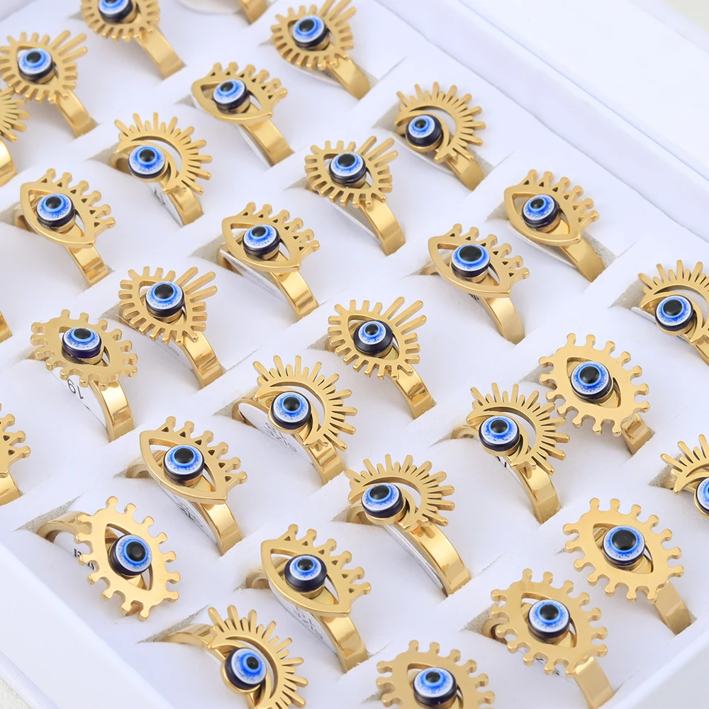 20 Pcs/Lot Vintage Stainless Steel Devil's Eye Rings for Men and Women Wholesale Mix Design Blue Eyes Geometric Fashion Jewelry