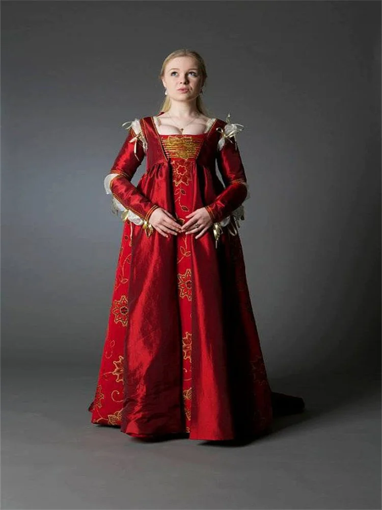 Lucrezia Borgia Rotes Kostüm aus dem 15. Jahrhundert, Tudor, elisabethanische Renaissance-Feenkleider, mittelalterliches Vintage-Ballkleid