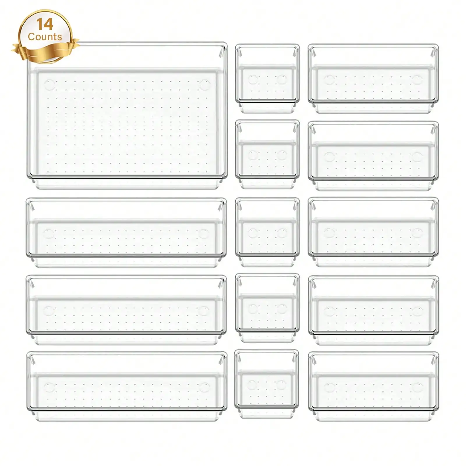 

THELIFE Drawer Organizer Trays (14PCS): 4 Sizes + Anti-Slip Mats – Transparent Home/Office Storage